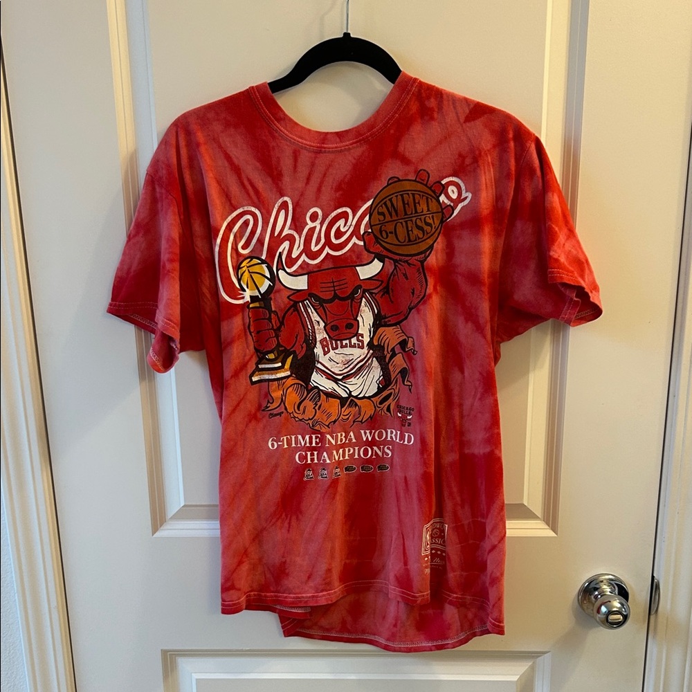 Chicago Bulls “6-Cess” Red Tye Dye shirt.  Mitchell & Ness Red Tie-Dye Shirt
